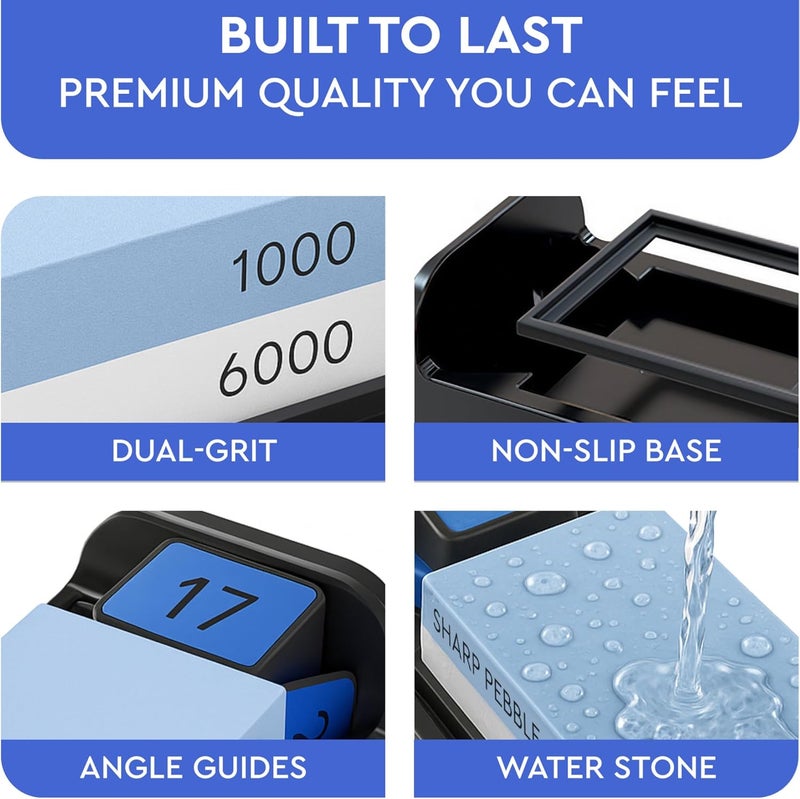 Sharp Pebble Knife Sharpening Stone Kit-Grit 1000/6000 Wet Stone-Built In Angle Guides 15/17/20/22 Degrees- Professional Whetstone Knife Sharpener Stone Set with Plastic Base - Image 5